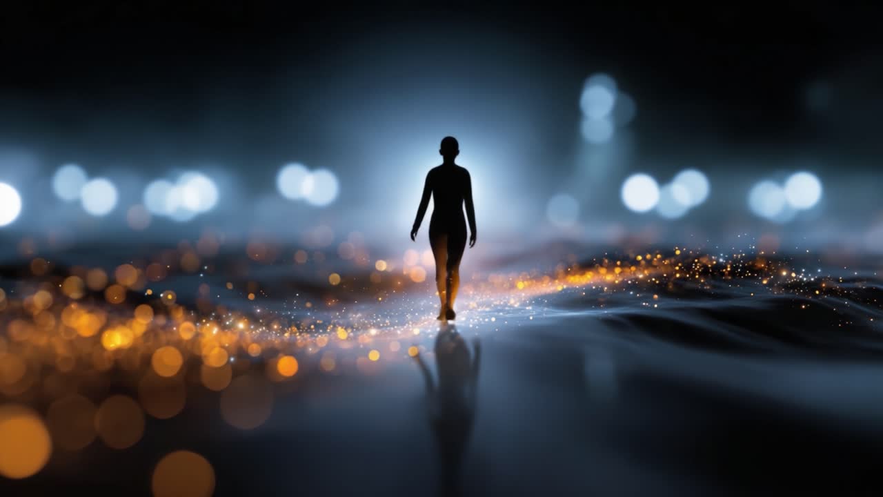 Una figura solitaria cammina attraverso un paesaggio mistico, illuminato da una luce eterea e particelle scintillanti, trasmettendo un senso di meraviglia e introspezione