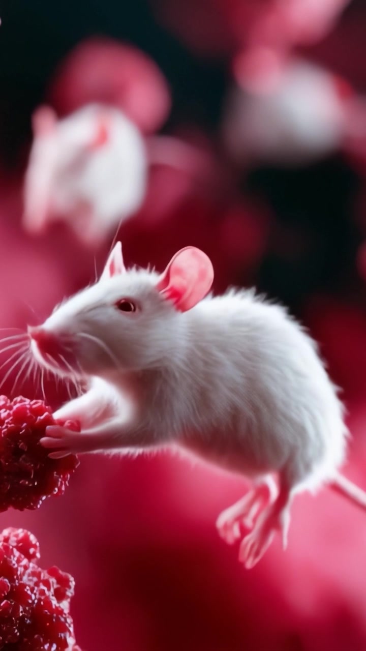 Un incontro accattivante: un topo bianco che salta attraverso uno sfondo rosa colorato, catturando l'essenza della giocosità e della curiosità nel suo movimento.