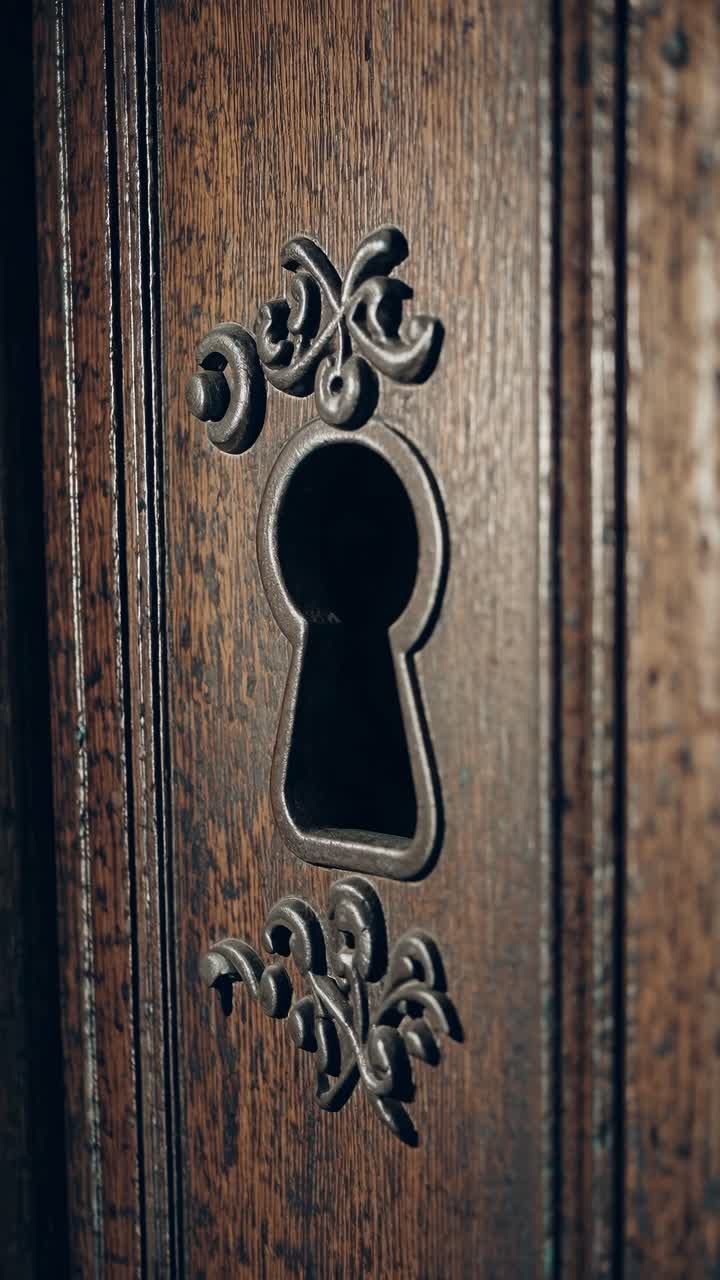 Primo piano di un buco della serratura decorato su una porta di legno, ripreso da un'angolazione laterale