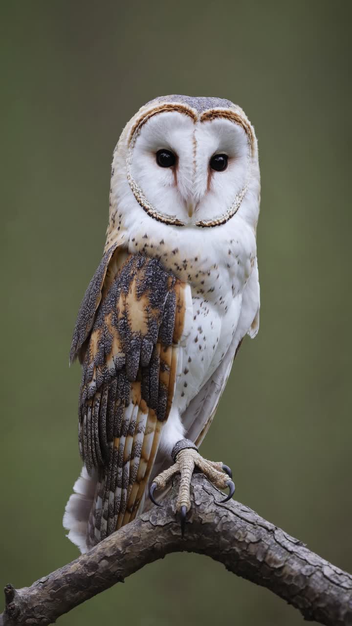 Close-up video frame of a barn owl perched on a branch, captured from a front angle