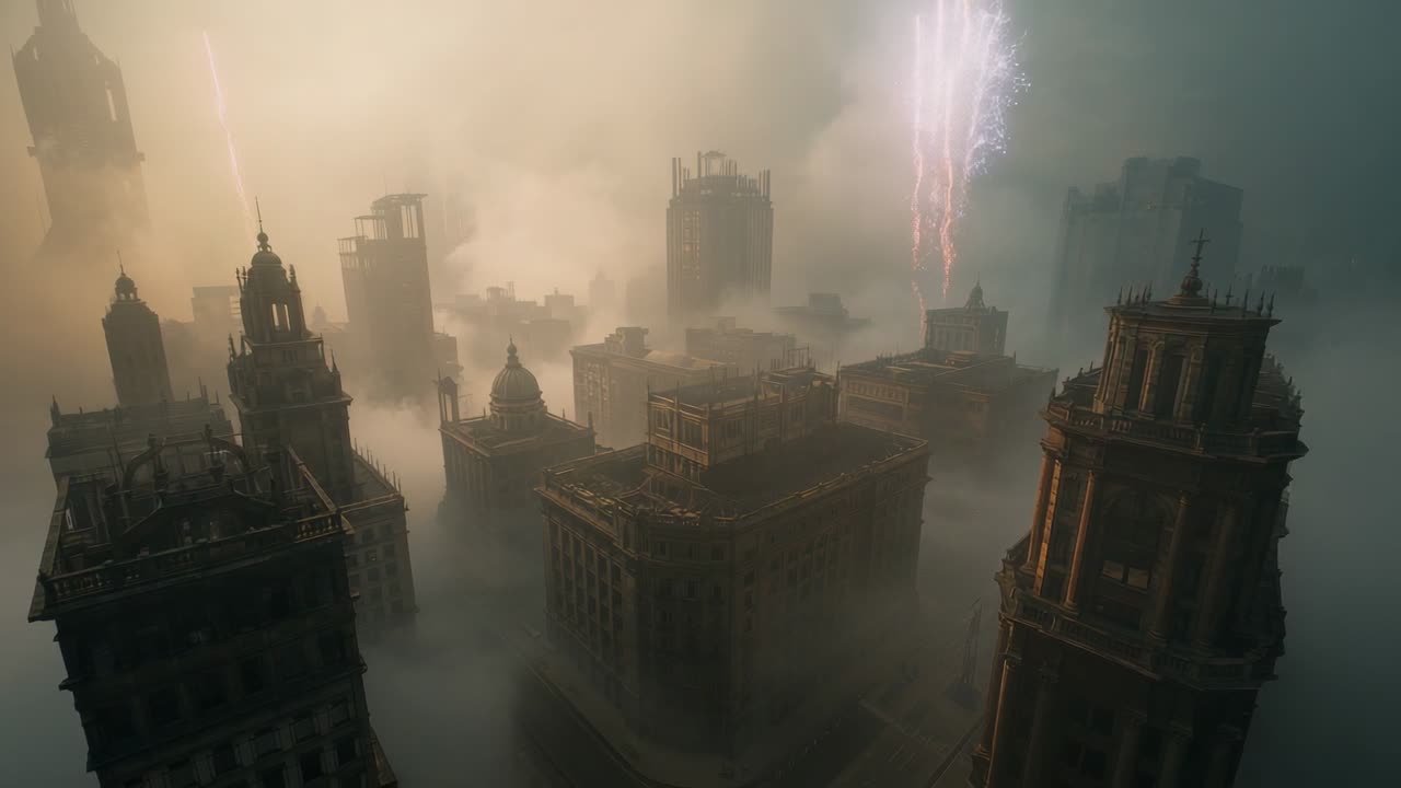 Violet-white lightning bolt slicing fog at spired skyscraper cluster over stormy city, eerie glow