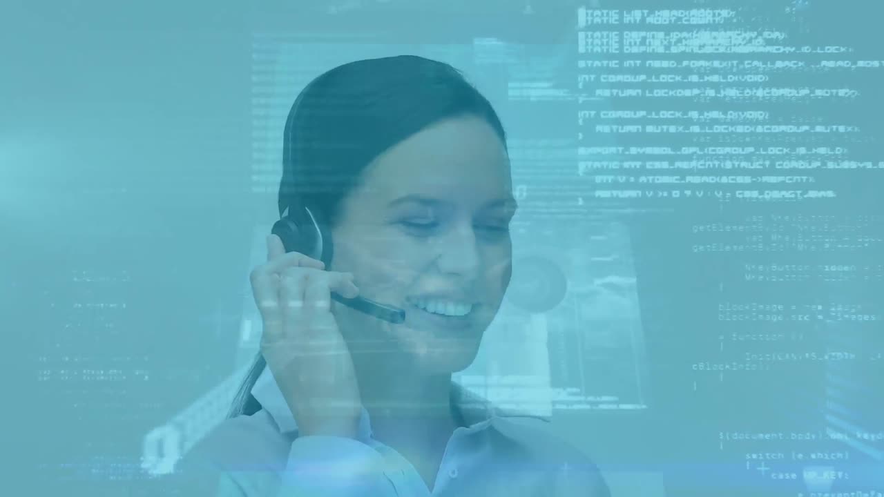 Animation of data processing over caucasian woman using phone headset working in call center