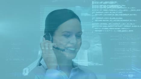 Animation-of-data-processing-over-caucasian-woman-using-phone-headset-working-in-call-center