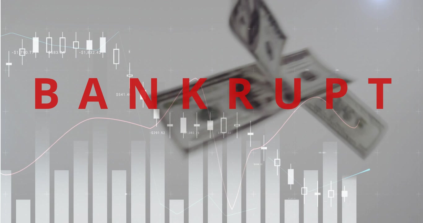 Rote BANKROTT-Überschrift erscheint und bleibt fixiert, während USD-Scheine über Diagramme fegen, die Geldabfluss zeigen.