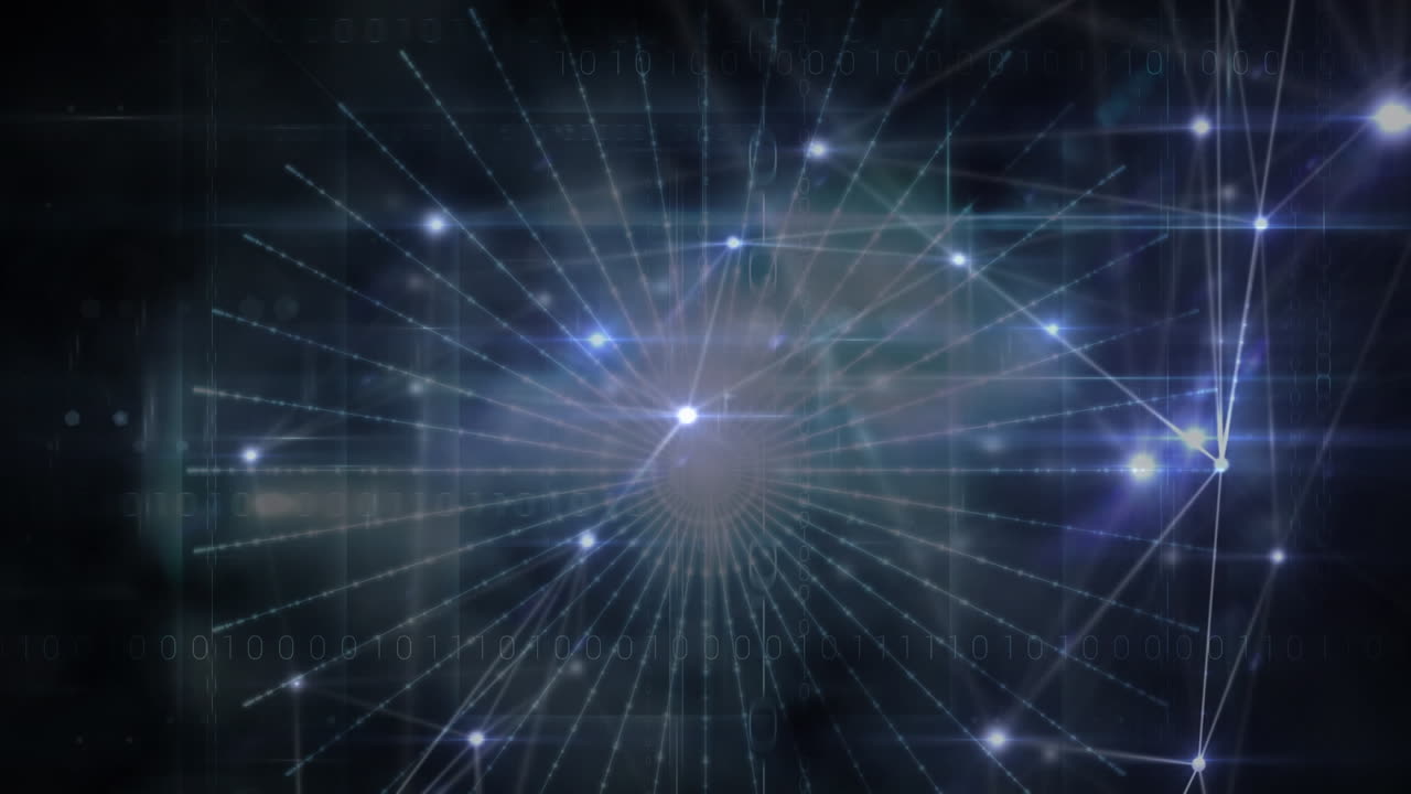 Digital animation of glowing network of connections against light trails on black background
