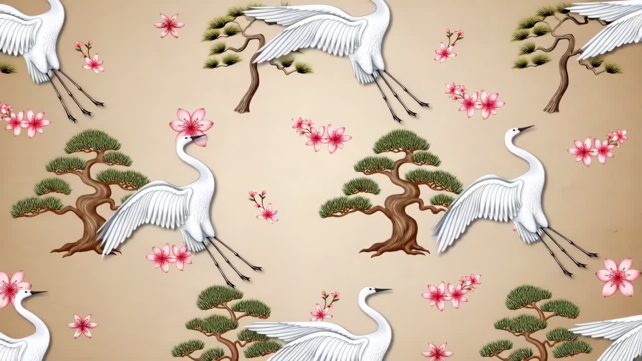 Japanese Inspired Seamless Pattern with White Cranes, Cherry Blossoms, and Bonsai Trees