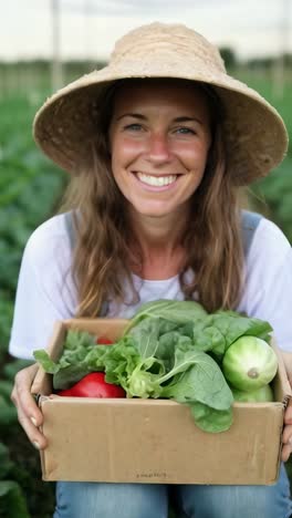 a woman is holding a box of vegetables and smiling
