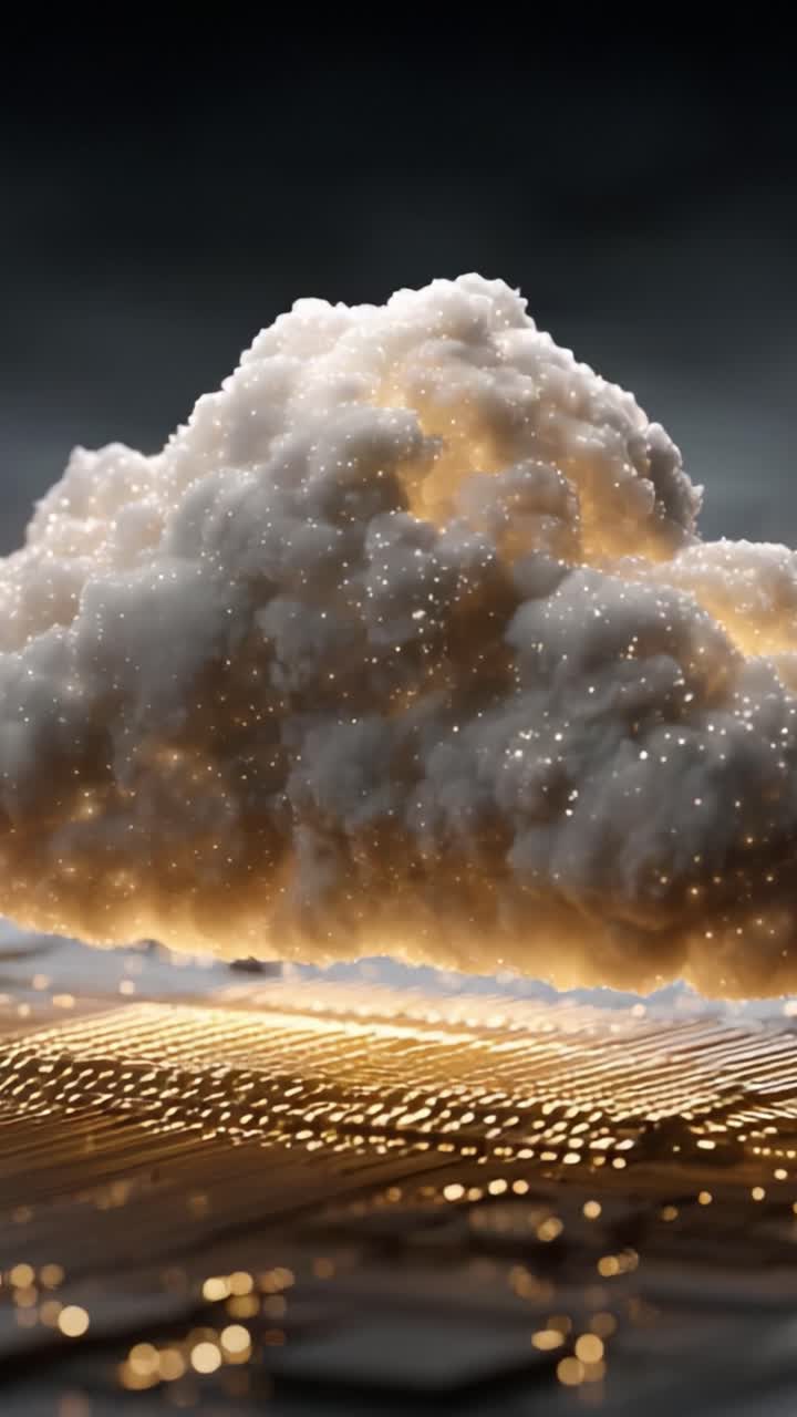 En fængslende visualisering af en lysende sky, der svæver over en glitrende overflade, og skaber en æterisk atmosfære fyldt med undren og mystik