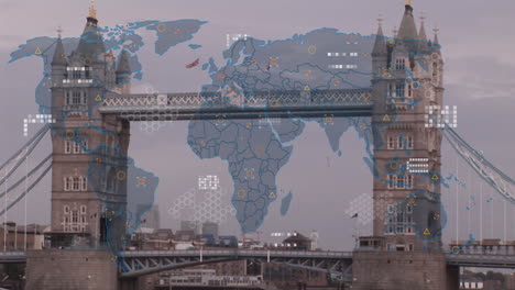 animación del mapa del mundo y procesamiento de datos sobre el paisaje urbano de londres