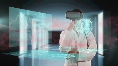 Red-digital-wave-and-screens-with-medical-data-processing-against-male-doctor-wearing-vr-headset