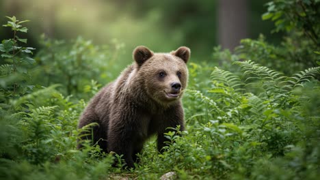 captivating encounter: a young bear exploring the lush wilderness surrounded by ferns and greenery in a serene natural environment
