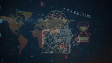 Animación-De-Iconos-De-Concepto-De-Seguridad-Cibernética-Y-Procesamiento-De-Datos-Contra-El-Mapa-Mundial-Sobre-Fondo-Azul