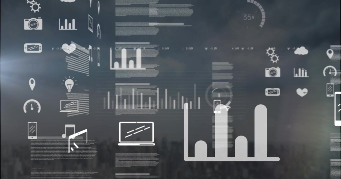 Animation of data processing over cityscape