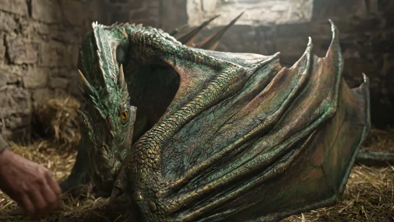 Human Hand Gently Petting a Green Dragon's Wing