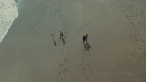 4k personas aéreas caminando y jugando en la playa de arena negra