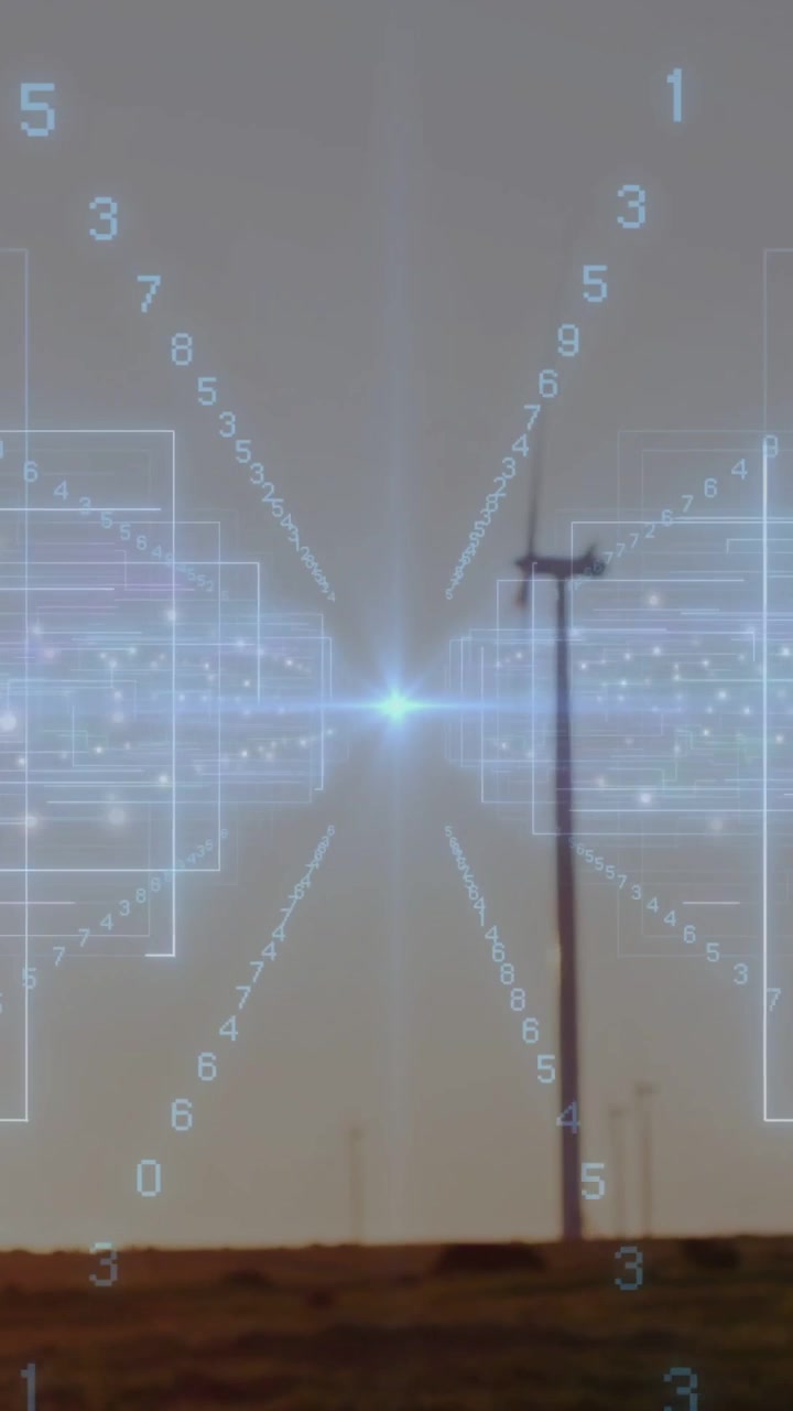 Vertical video: Camera shifting AR overlay appearing framing pole pulsing cyan digits for telecom