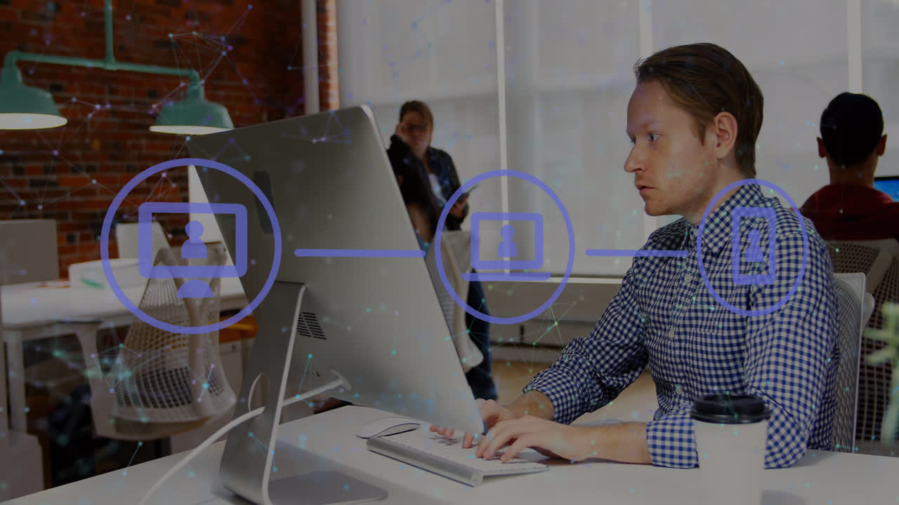 Animation of network of connections over caucasian businessmen