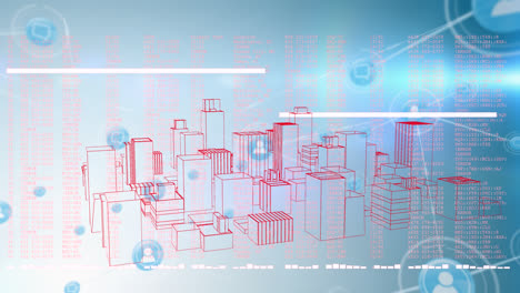 animazione di linee, linguaggio informatico e icone collegate su un modello 3d della città su sfondo blu