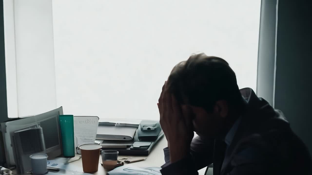 사무실 에서 책상 에 앉아 있는 피곤 하고 스트레스 를 받는 사람