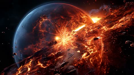 a fiery celestial explosion illuminates a distant planet in space