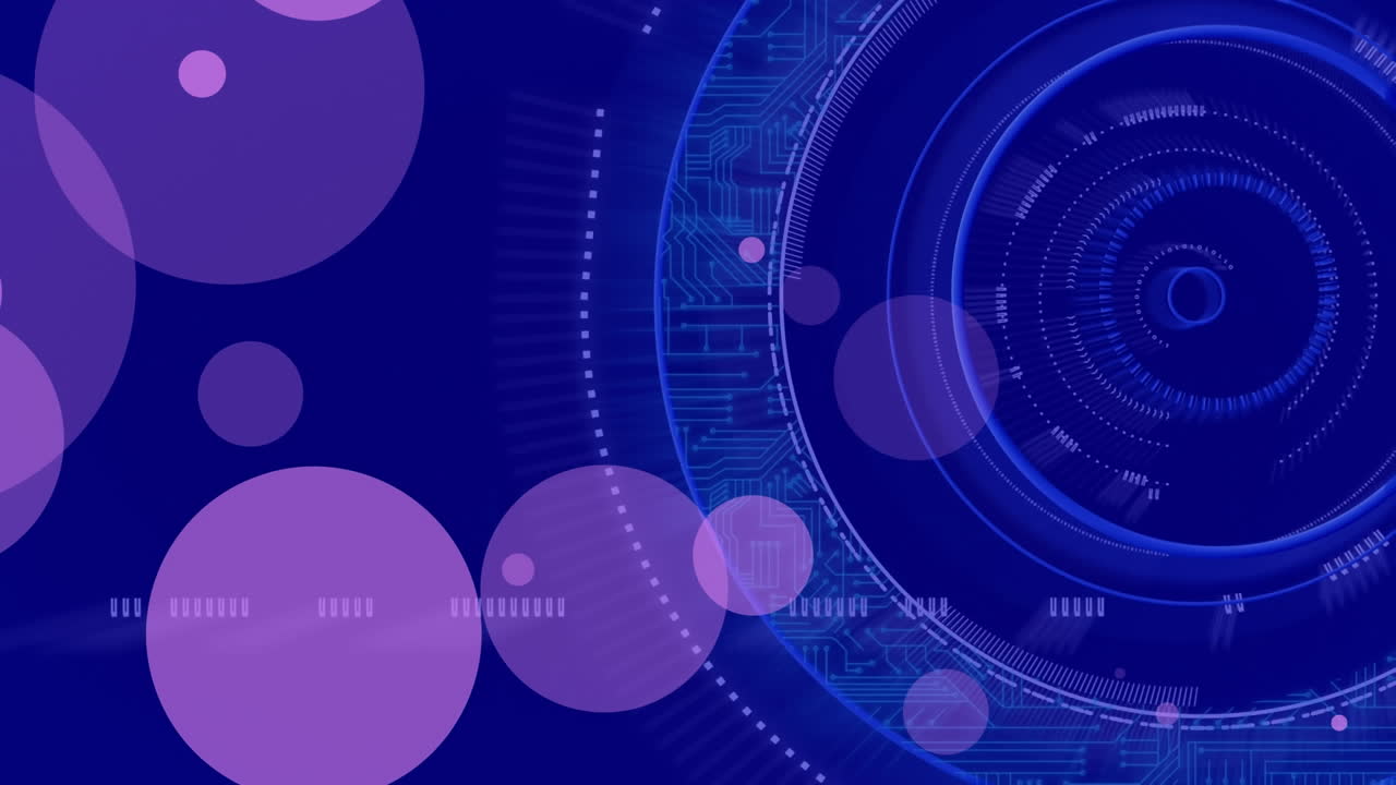 Animation of pink spots over round scanner spinning and data processing against blue background