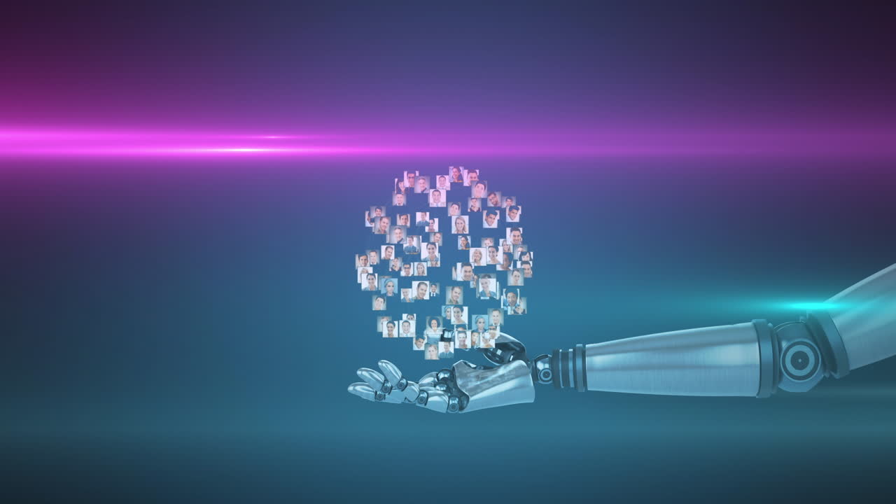 animación de una red creciente de personas sobre la mano del brazo del robot, con luz rosa sobre fondo oscuro