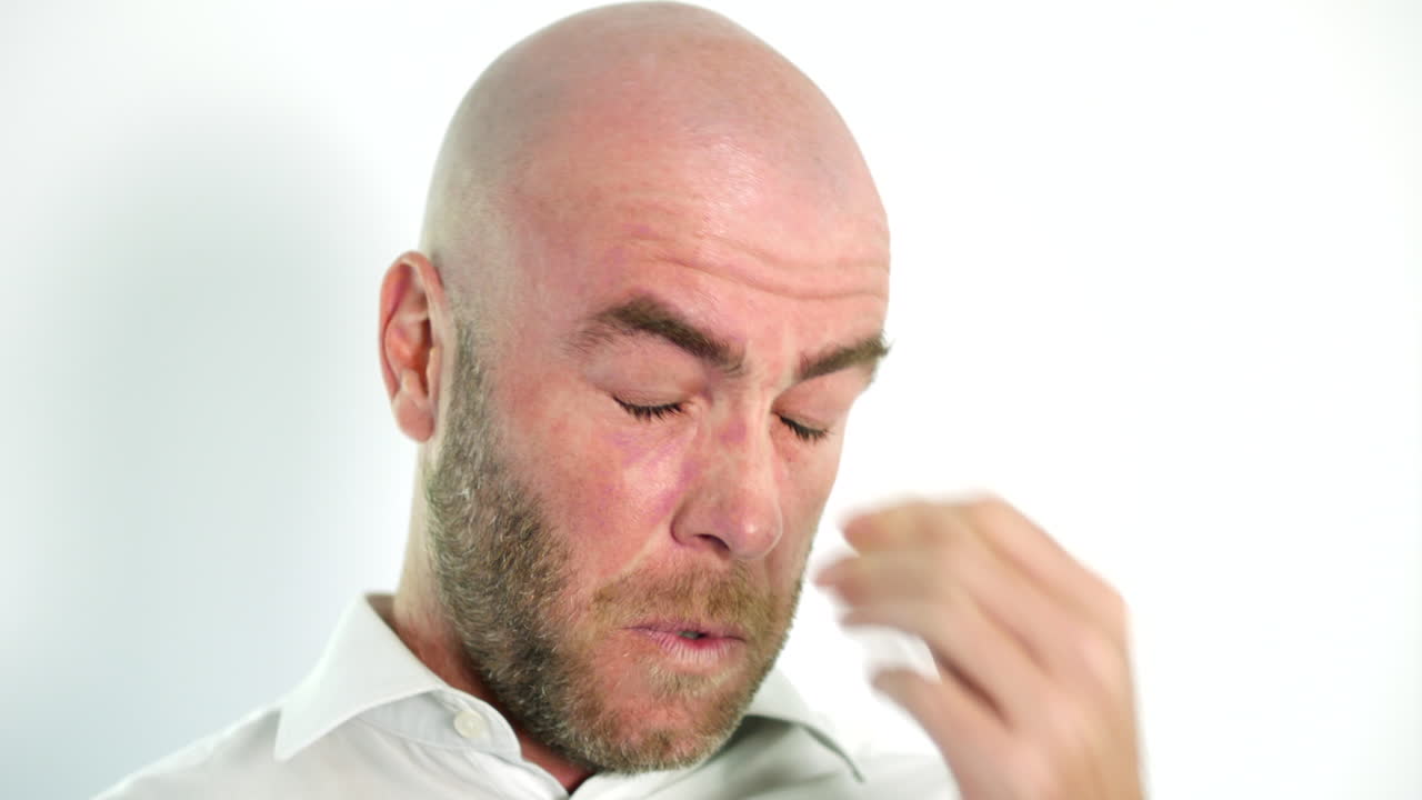 피곤한 남자는 가스를 제거하고 눈을 문지른다