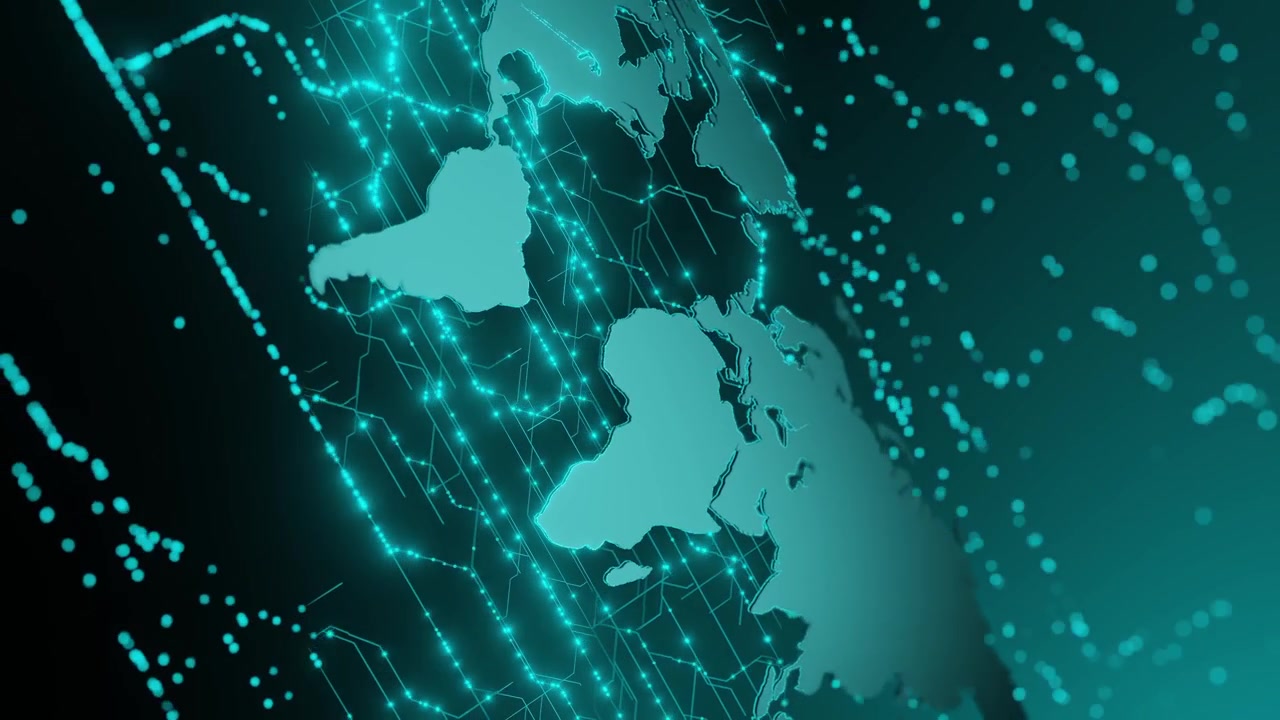Digital world map with glowing blue network connections on a dark background. Futuristic technology concept for global communication and data transfer. Abstract 3D rendering with copy space vertical