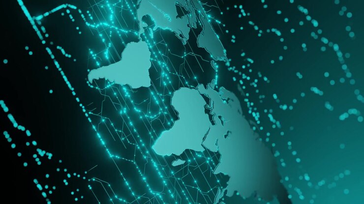 Digital world map with glowing blue network connections on a dark background. Futuristic technology concept for global communication and data transfer. Abstract 3D rendering with copy space vertical