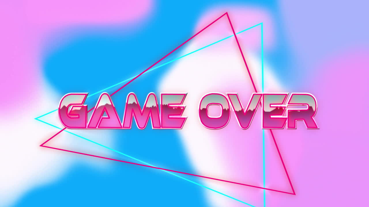 Stylized GAME OVER text floating over blurred background, featuring neon cyan and magenta triangles