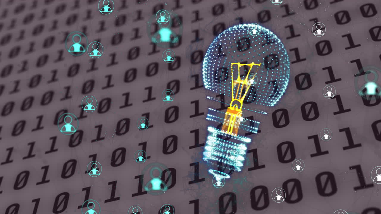 Animation of light bulb and data processing with connections over binary coding