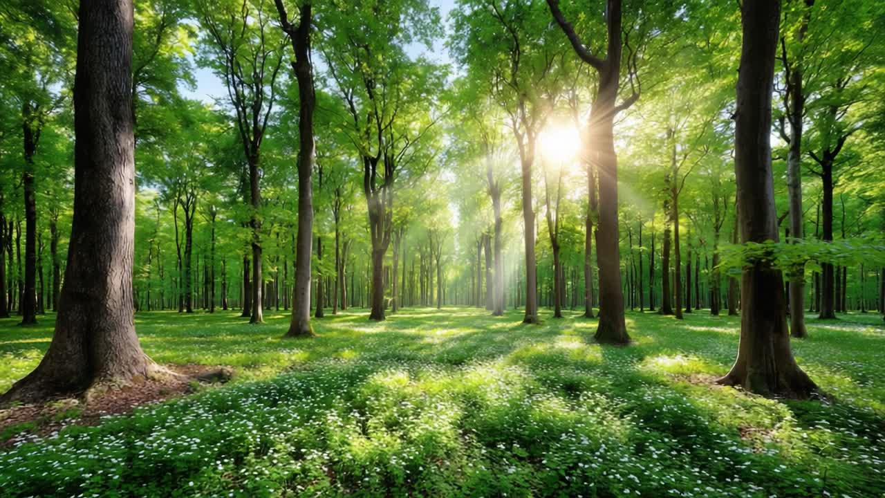 A Serene Sunlit Forest Scene Transitioning from Morning to Noon, Showcasing Lush Green Trees and Vibrant Underbrush, Capturing the Essence of Nature's Beauty