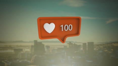 animación de burbuja de habla con icono de corazón y números que crecen sobre el paisaje urbano