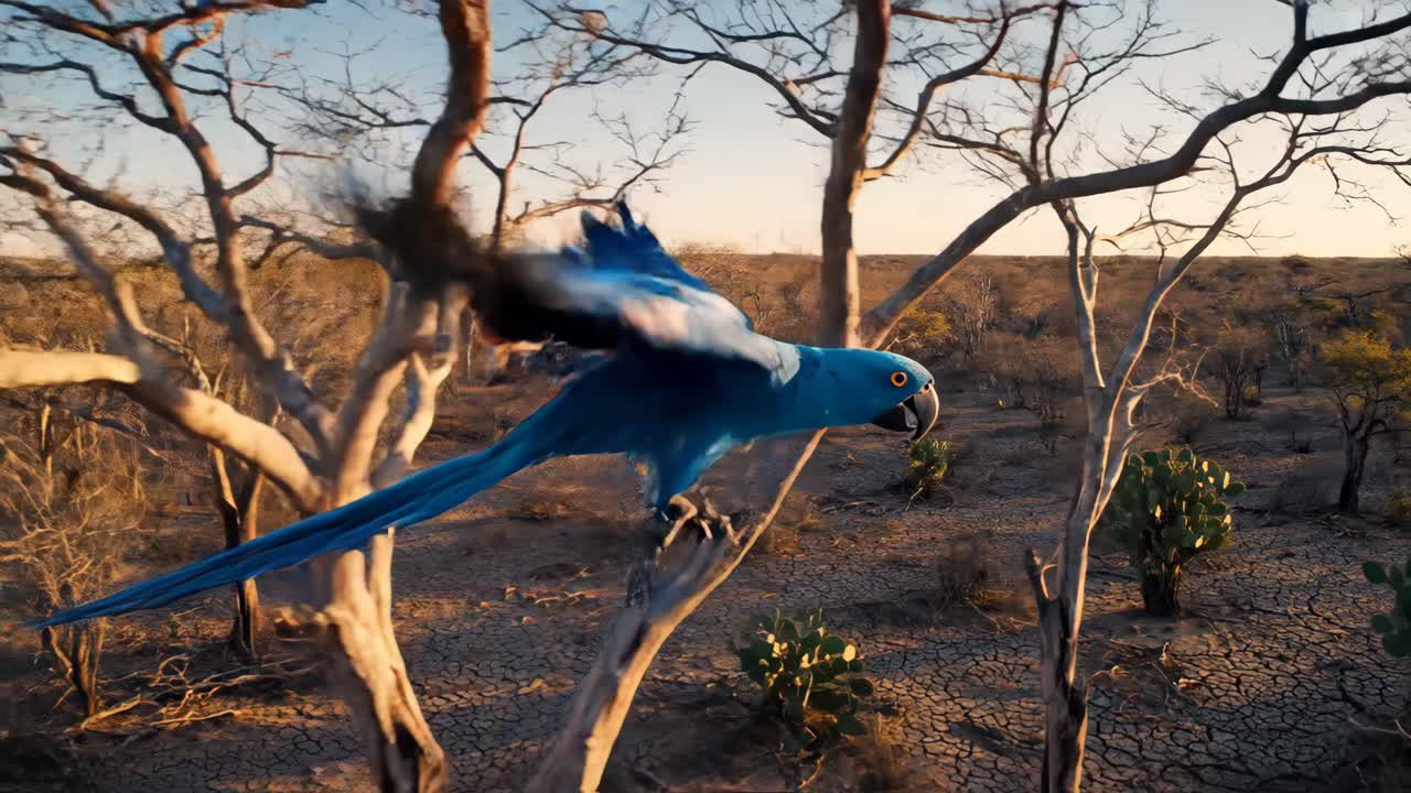 Hyacinth Macaw Flying Over a Desert Landscape