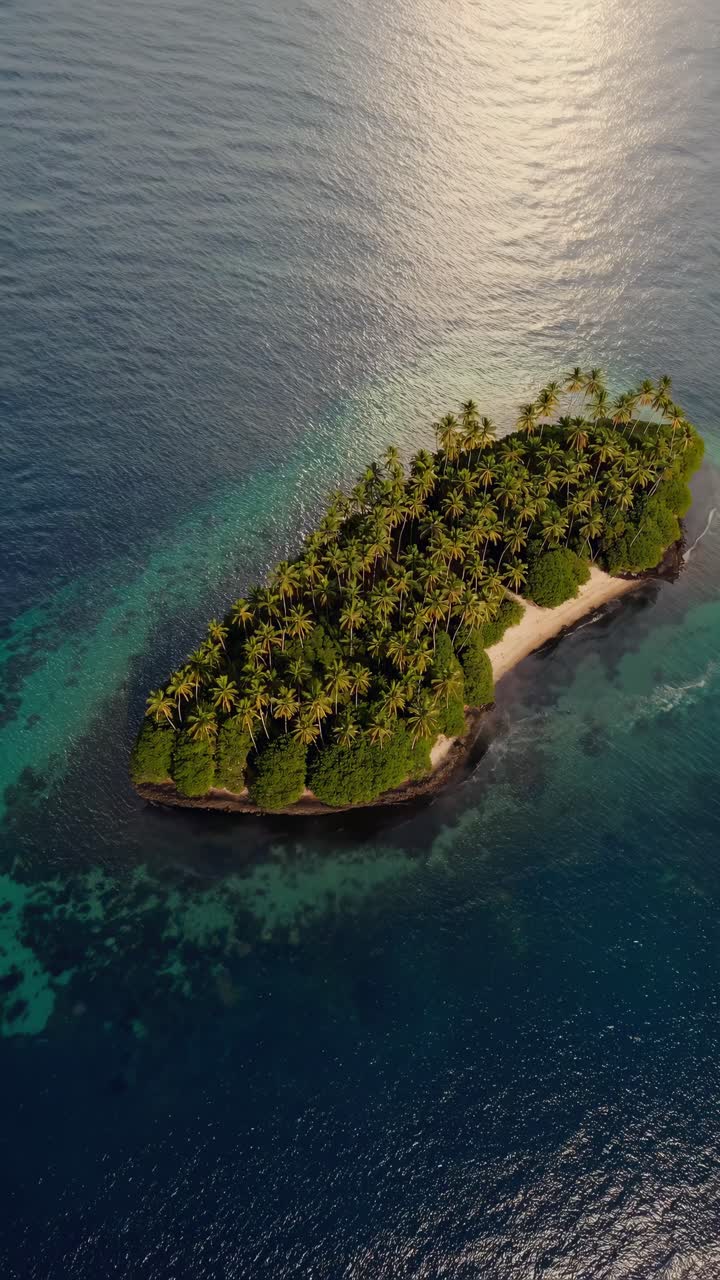 Aerial view of a small tropical island surrounded by ocean
