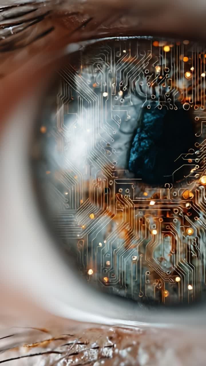 Zbliżenie ludzkiego oka ze skomplikowanym wzorem płytki obwodu, ukazujące połączenie natury i technologii w oszałamiającej wizualnej reprezentacji