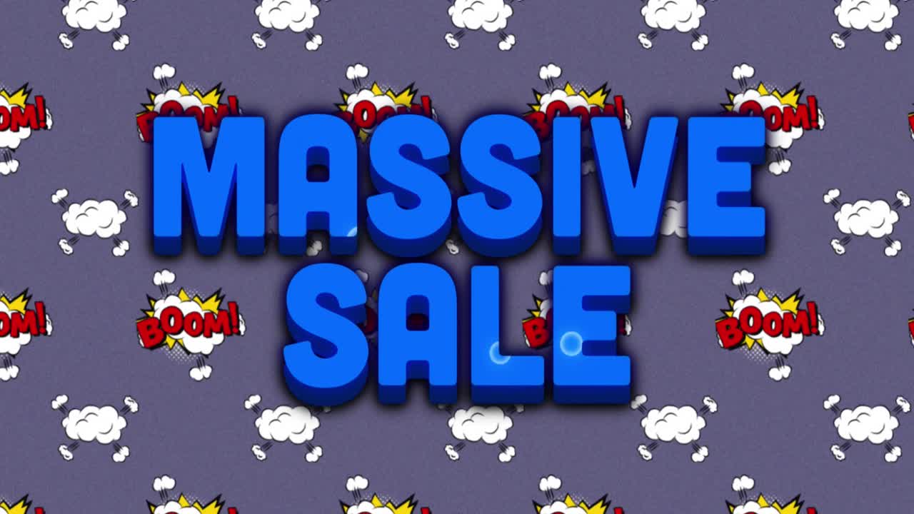 구름 위의  텍스트에 대항하여 다채로운 원형 패턴 위에 거대한 판매 텍스트의 애니메이션