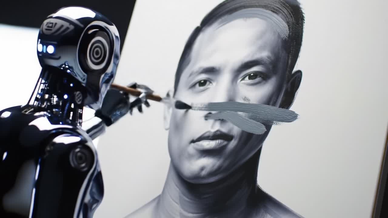 A Fascinating Scene of a Robot Artist Skillfully Painting a Realistic Portrait, Showcasing the Intersection of Technology and Creativity in Modern Art
