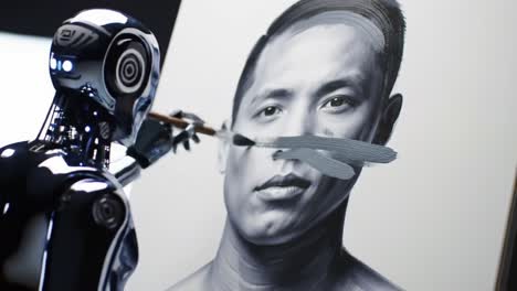 a fascinating scene of a robot artist skillfully painting a realistic portrait, showcasing the intersection of technology and creativity in modern art