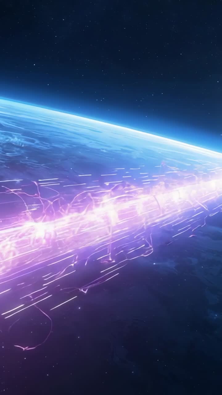 Vertical video: Materializing violet stream arcing across Earth limb in orbit, emitting fragments