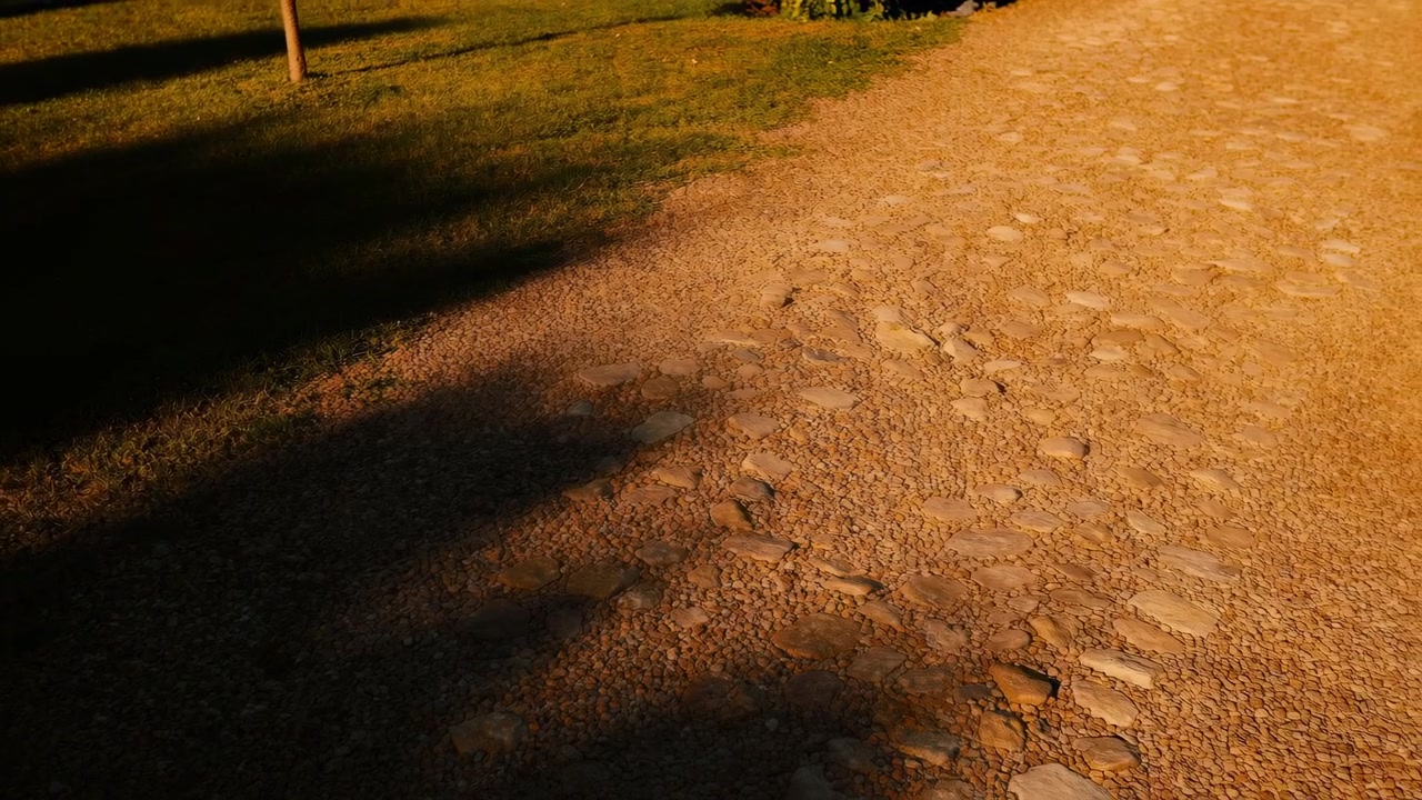 Sendero diagonal de guijarros y losas bajo una cálida luz dorada, con césped recortado junto a una profunda sombra de árbol que se mueve sobre el suelo texturizado, creando una atmósfera de parque al aire libre tranquila y un fuerte contraste.