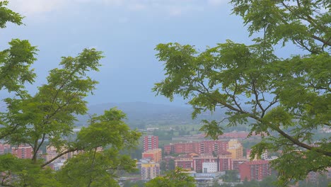 Landscape-Houses-In-The-Mountain-Covered-In-Fog-With-Trees-At-The-Side