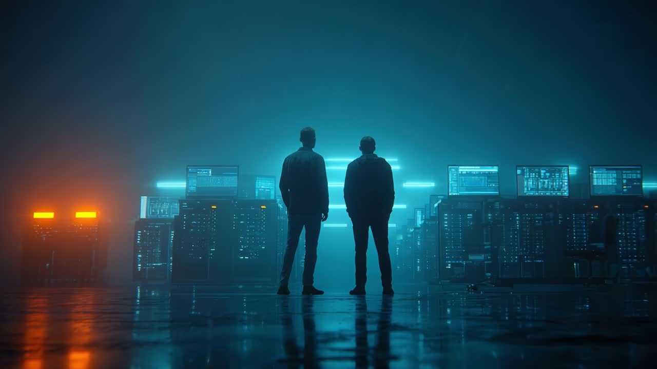 Mysterious Encounter in a Data Center: Two Figures Stand Amidst a Sea of Servers, Illuminated by the Soft Glow of Technology and Innovation in a Dimly Lit Environment