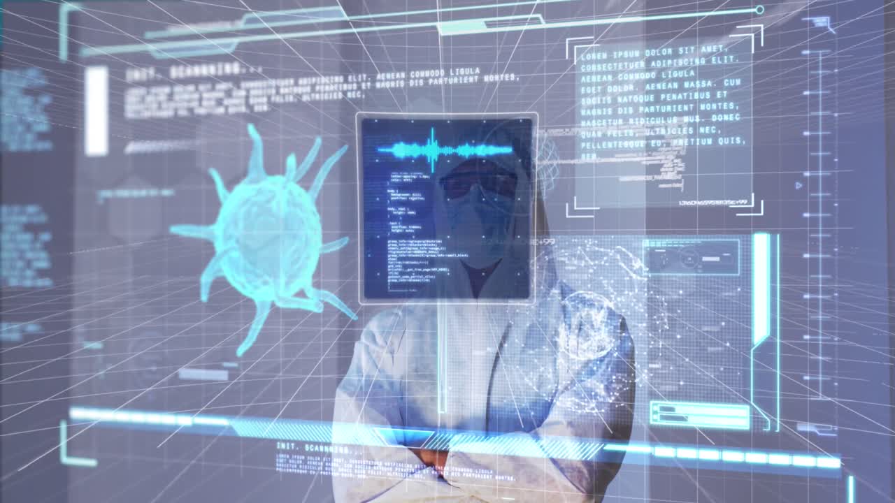 animación de la pantalla con la célula covid 19 y el procesamiento de datos médicos sobre el científico en traje de ppe