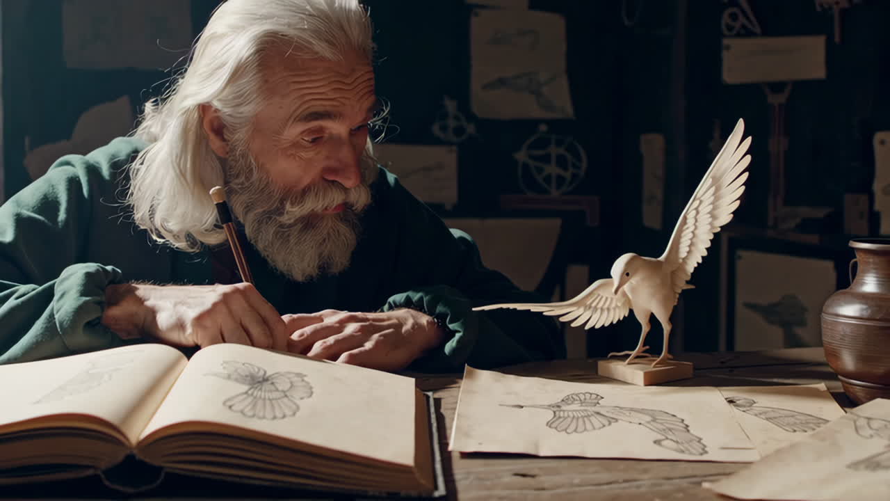 Old Scholar Studying Bird Anatomy