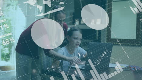 Animation of infographic interface over caucasian mother helping daughter in using laptop
