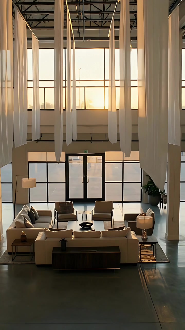 Vertikal video: Skiftende sollys bader sofa og stole i en loftslejlighed, med svajende paneler, der markerer tiden.