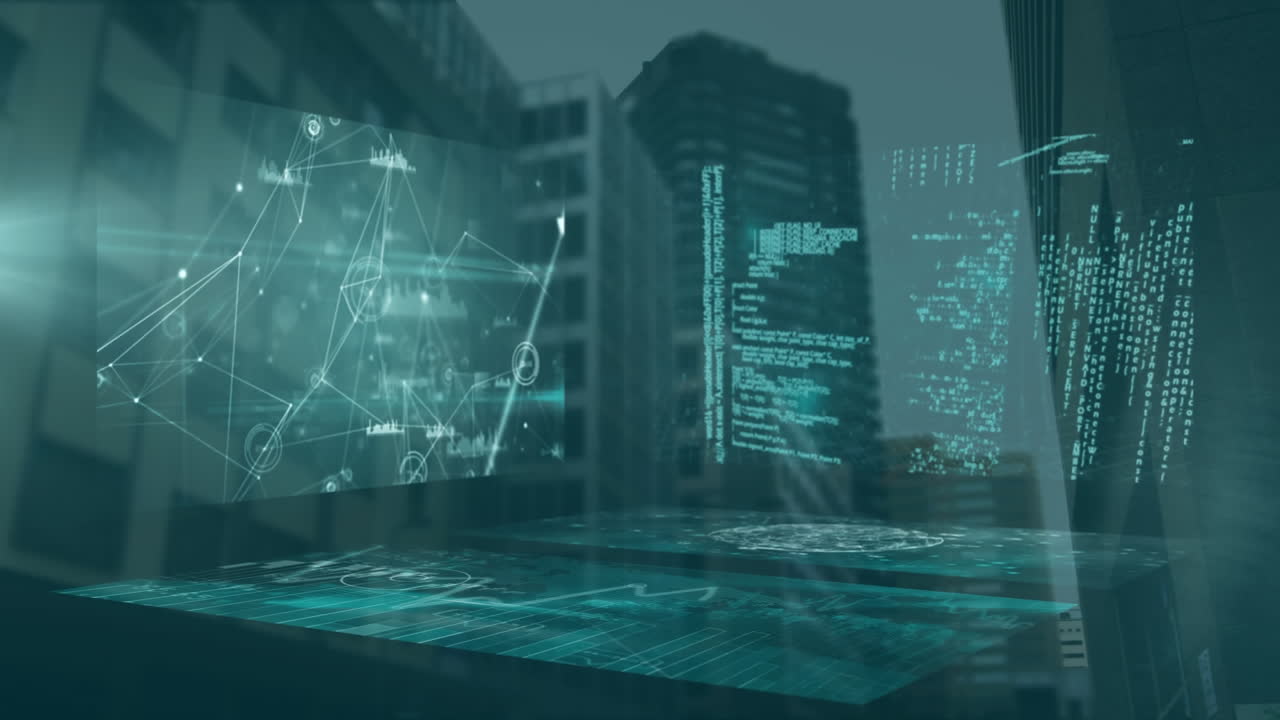 Animation of screens displaying network of connections with buildings in the background