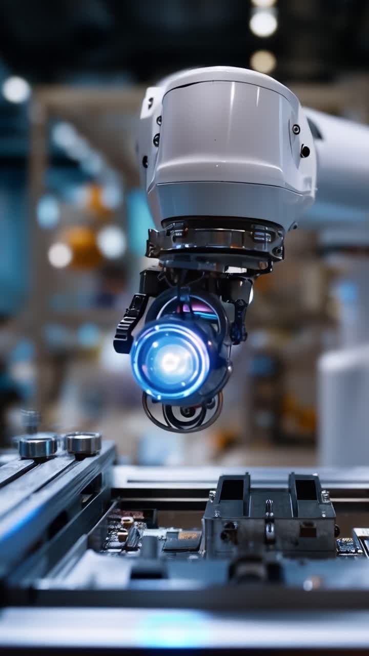 Luz azul brilla desde un brazo robótico. El brazo se mueve con precisión sobre placas de circuito. El suelo de la fábrica se difumina suavemente en el fondo. Sin trabajadores presentes. Ideal para automatización industrial o innovación tecnológica.