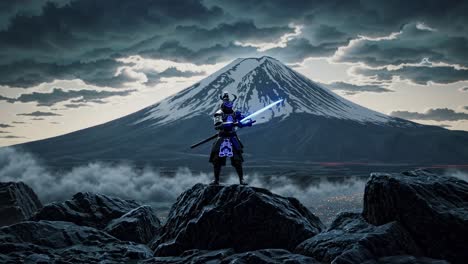 a samurai with a glowing sword stands on rocks against a mountain backdrop